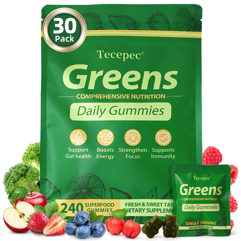 Greens Daily Gummies, Superfood Fruits and Veggies Blend with Spirulina, Chlorella, Prebiotics & Fiber, Adaptogens Multivitamin Supplement for Women & Men Digestive Health, Non-GMO, 240 Count 240 Count (Pack of 1)