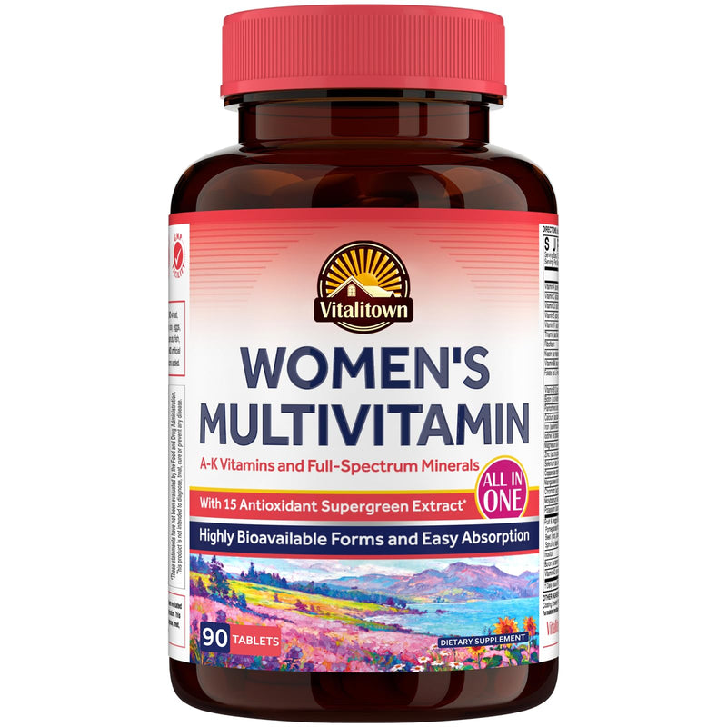 Vitalitown Women’s Multivitamin, Methylated Multivitamins & Multiminerals, A-K Vitamins, Iron, Zinc, Supergreens & More, Women 's Wellness, Hair Growth, High Absorption, Easy to Swallow, 90 Tablets