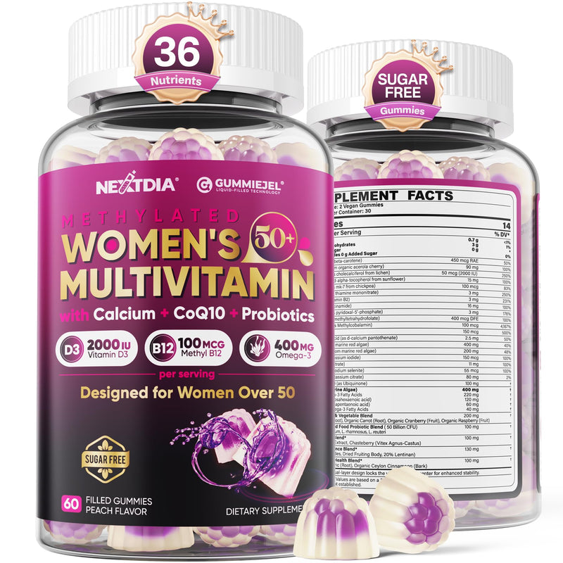 Multivitamin for Women 50 Plus Gummies, Vegan Omega 3, Calcium D3 K2, CoQ10 | Probiotics, Daily Vitamin A C E, Methylfolate, Methylated B12 Biotin B Complex, Zinc -Bone Energy Longevity -Sugar Free 60Cts 60 Count (Pack of 1)