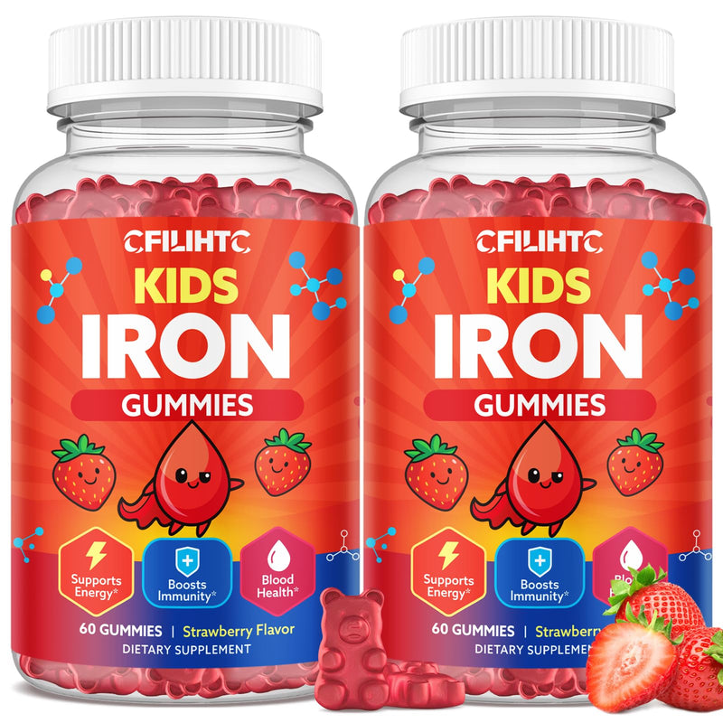 2PCS Iron Gummies for Kids & Teens, Kids Multivitamin with Iron Supplement, Calcium, Folate, Zinc, Prebiotic - for Blood Builder & Energy Support, Iron Deficiency - Vegan & Non-GMO - 120 Count Strawberry 60 Count (Pack of 2)