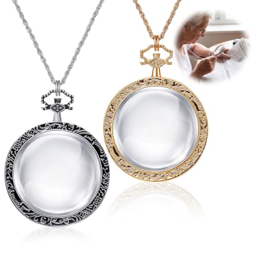 Chunful 2 Pcs 10x Magnifying Glass Necklace for Women, Silver,Gold