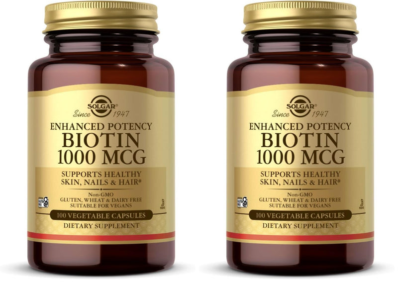Solgar Biotin 1000 mcg - 100 Vegetable Capsules - Supports Healthy Skin, Nails & Hair - Non-GMO, Vegan, Gluten Free, Dairy Free, Kosher - 100 Servings (Pack of 2) 100 Count (Pack of 2)
