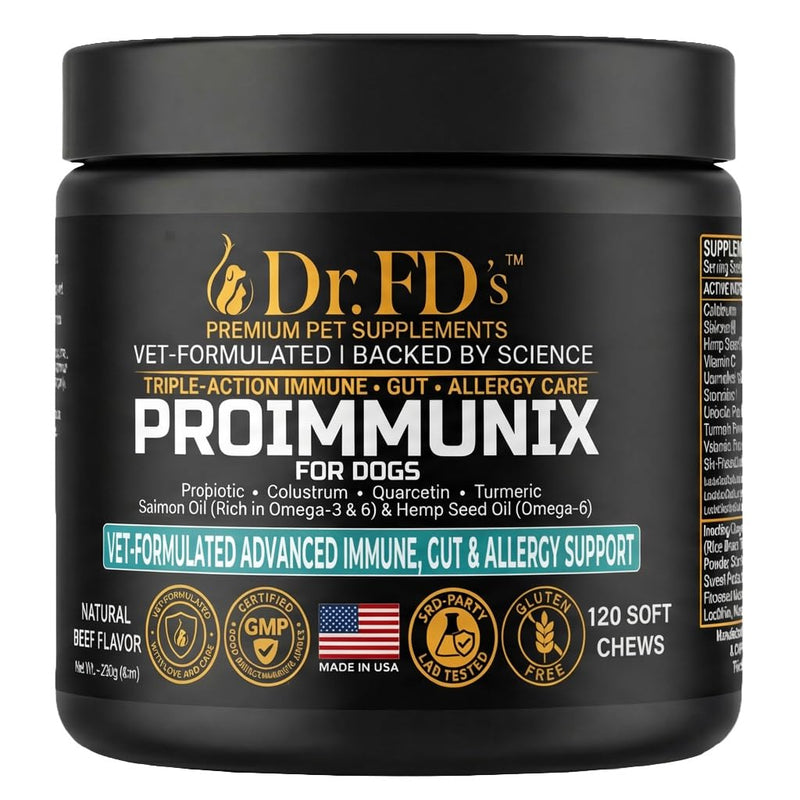 Dog Probiotics for Dogs | Immune & Allergy Support with Colostrum for Gut Health | 120 Soft Chews | Made in USA | Dr. FD’s ProImmunix