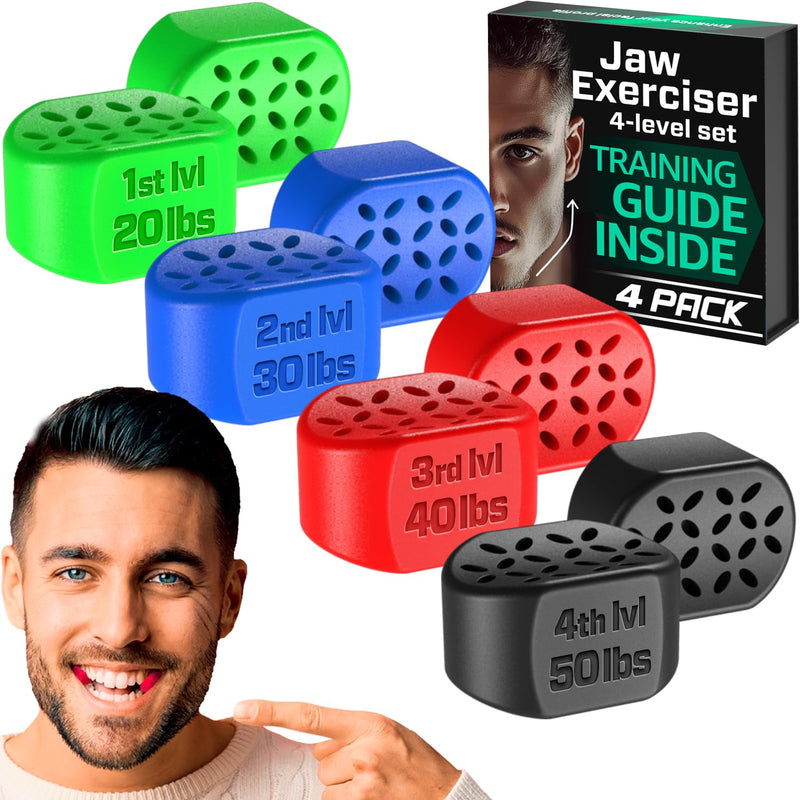 Jaw Exerciser 8 pcs for Men and Women - Jaw Trainer and Shaper with 4 Resistance Levels - Silicone Jaw Strengthener Tablets - Double Chin Reducer & Face Sculptor Green, red, blue, black - BeesActive Australia