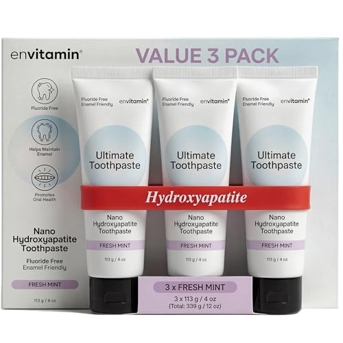 envitamin Fluoride Free Nano Hydroxyapatite Ultimate Toothpaste for Remineralizing Enamel & Sensitive Relief, Whitening, Antiplaque, SLS Free, Fresh Mint, 4 oz (3 Tubes, Fresh Mint) 4 Ounce (Pack of 3)