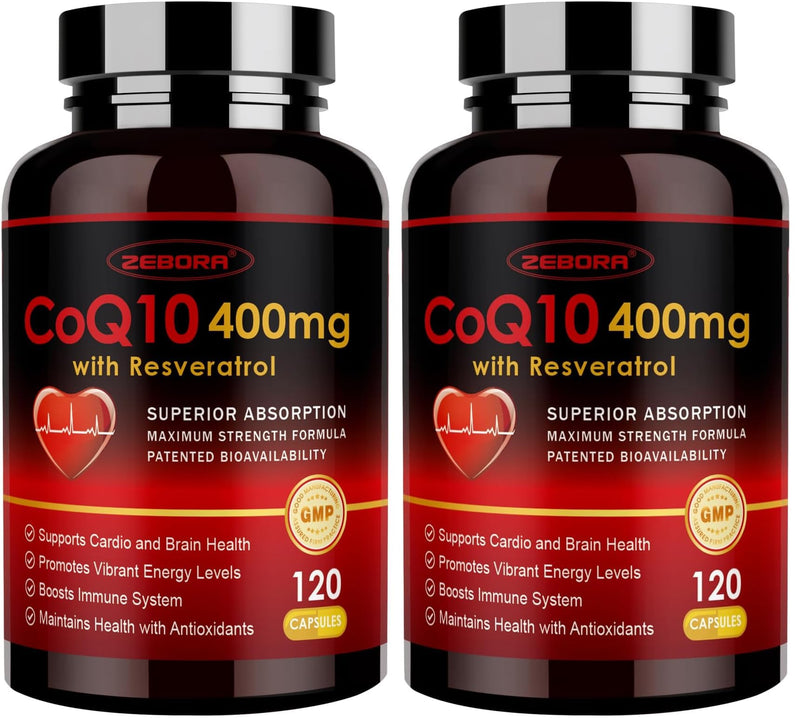 ZEBORA CoQ10-400mg with Trans-Resveratrol, PQQ & Vitamin E - High Absorption Coenzyme-Q10 with BioPerine - Powerful Antioxidant for Heart & Energy-Production,120 Veggie Capsules (Pack of 2) 120 Count (Pack of 2)