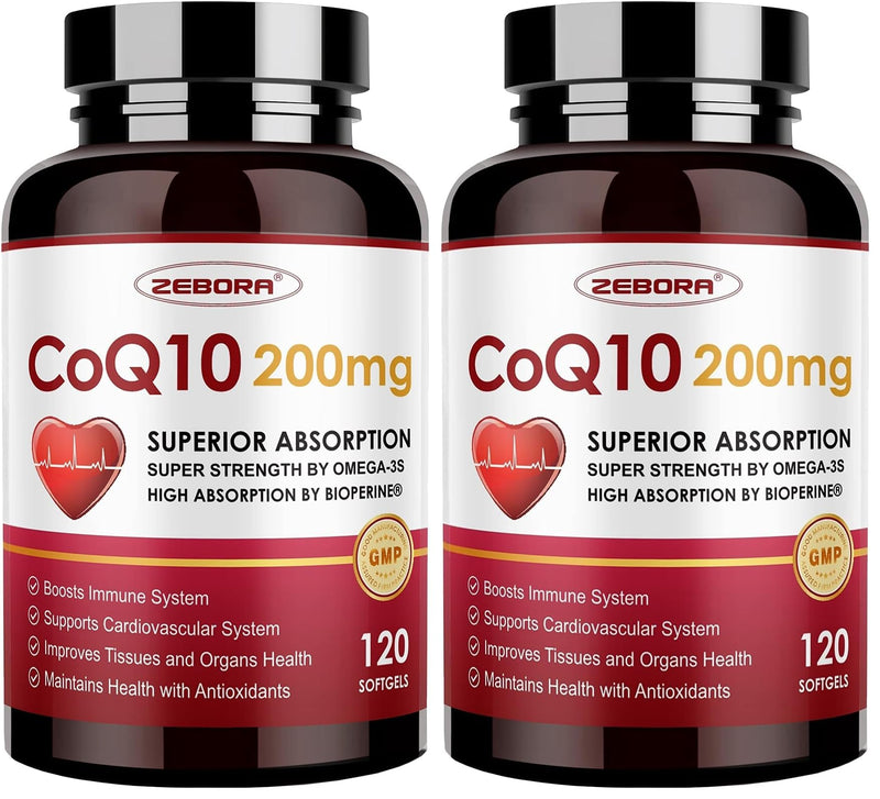 ZEBORA CoQ10-200mg-Softgels with PQQ, BioPerine & Omega-3, 120 Servings Coenzyme Q10(Ubiquinone) Supplement for High-Absorption, Powerful-Antioxidant, Support Heart & Energy-Production (Pack of 2) 120 Count (Pack of 2)