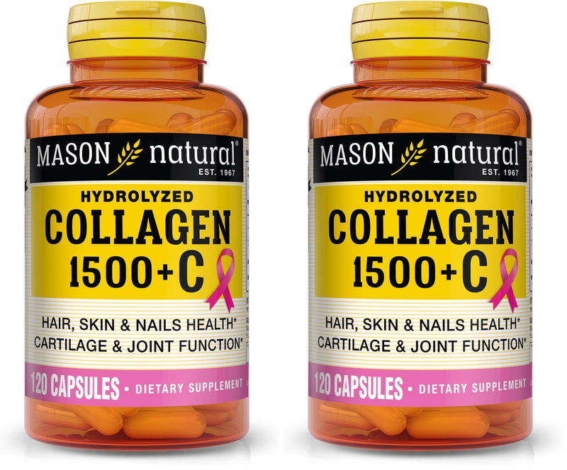 MASON NATURAL 1500mg Collagen with Vitamin C, Biotin, & Calcium, 40 Day Supply Capsules, Supplement for Hair, Skin, and Nails. (Pack of 2) Unflavored 120 Count (Pack of 2)