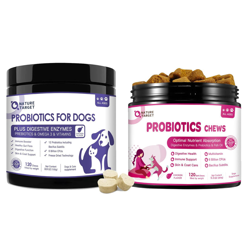 NATURE TARGET Probiotics for Dogs, 120 Freeze Dried Bites Bundle with 120 Soft Chews