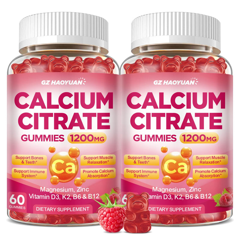Calcium Citrate Gummies - 1200mg Calcium Gummies Supplements for Women & Men with Vitamin D3, K2, Magnesium, Zinc High Absorption for Bone, Muscle & Immune Support, Raspberry Flavor, 120 Count 60 Count (Pack of 2)
