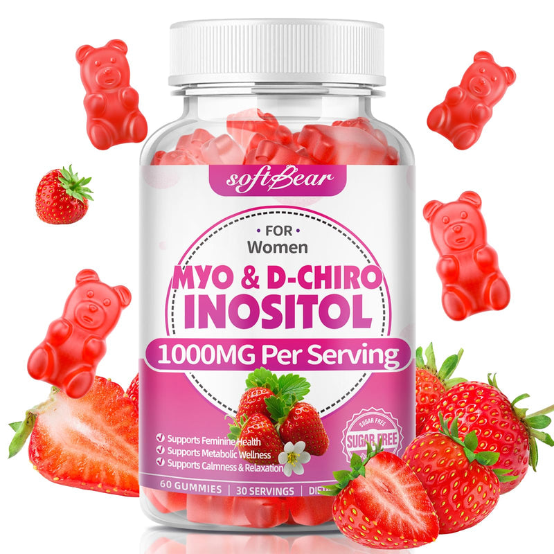 softbear Inositol Supplement for Women, Myo-Inositol & D-Chiro Inositol Gummies 1000mg with Vitamin D3 for POCS Support & Female Wellness, Sugar-Free/Veagn/GMO-Free, Strawberry Flavor, 60 Count 60 Count (Pack of 1)