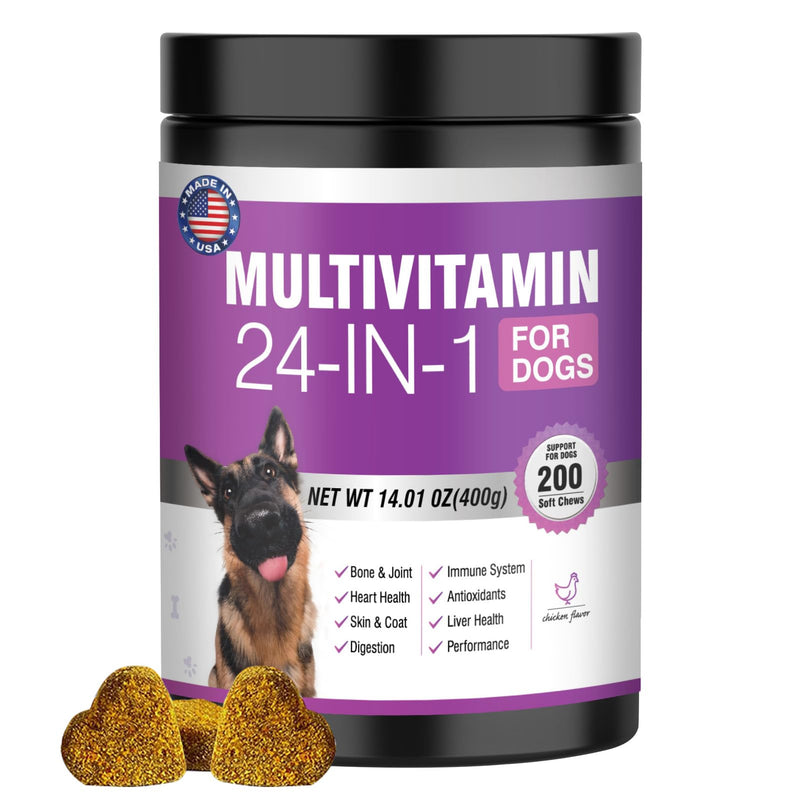 Dog Multivitamin Chewable 200 Ct Dog Vitamins and Supplements Containing Chondroitin Omega Probiotics Glucosamine for Dogs Skin and Coat, Hip & Joint, Heart, Liver, Brain, Eyes - Suitable for all dogs
