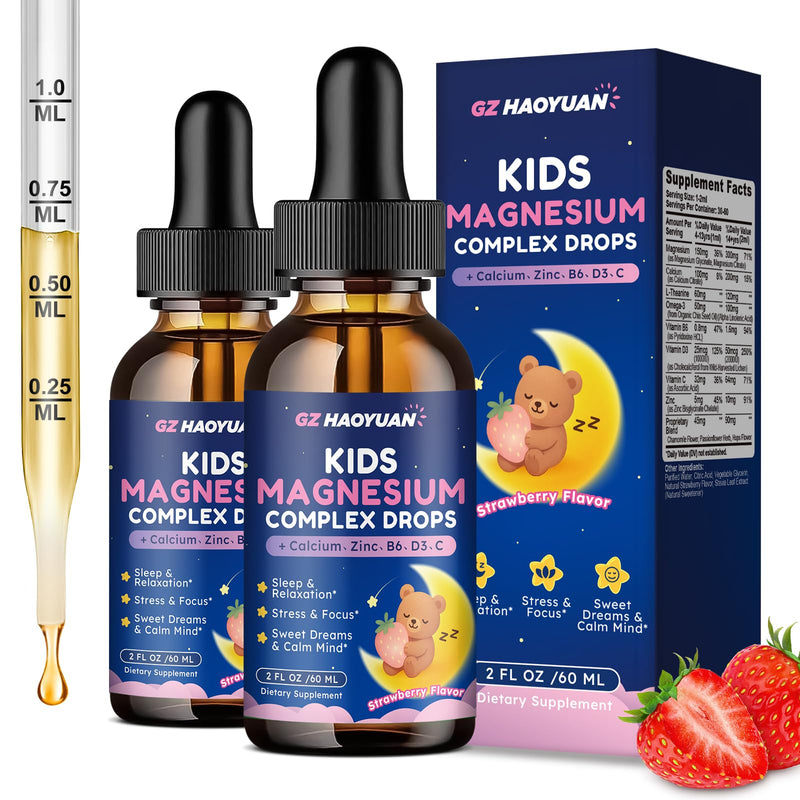 Kids Magnesium Liquid Drops - Magnesium Glycinate Drops for Kids, Citrate Liquid with Calcium, Omega-3, L-theanine, Zinc, Vitamin B6 D3 C for Sleep, Relaxation, Calm & Focus, Strawberry Flavor,4 Fl Oz 4 Fl Oz (Pack of 1)