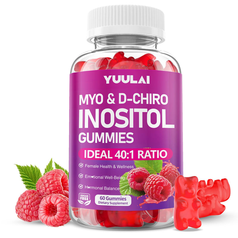 Myo-Inositol & D-Chiro Inositol Gummies, 40:1 Ratio Inositol Supplement with Vitamin D3, Magnesium Glycinate, Folate & Zinc, for Female Health & Wellness, Raspberry Flavor, 60 Count 60 Count (Pack of 1)
