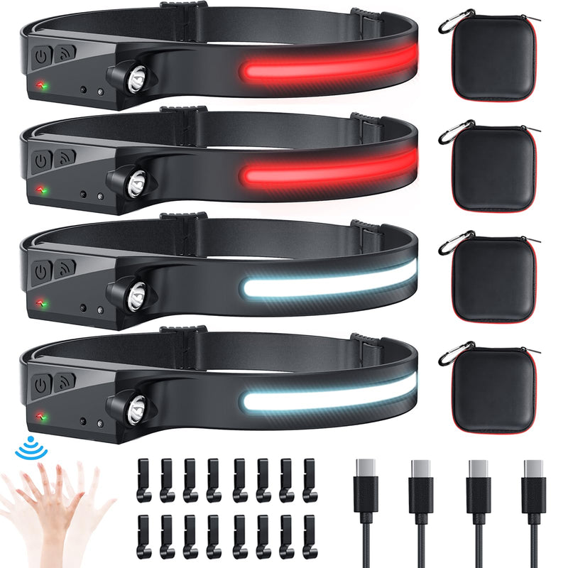 4Pack Headlamp with Case - 230° Wide Beam, Motion Sensor, Red Light, 6 Modes, IPX4 Waterproof Level, Super Lightweight&Portable Rechargeable LED Headlamps for Adults