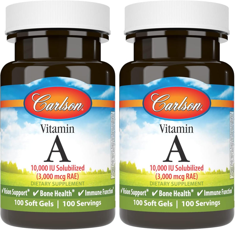 Carlson - Vitamin A Solubilized, 10000 IU (3000 mcg RAE), Water Soluble, Vision Health, 100 Softgels (Pack of 2) 100 Count (Pack of 2)