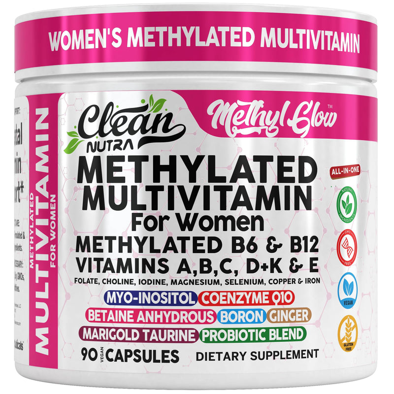 Methylated Multivitamin for Women Vitamins B6 Methyl B12 A B C D K E Folate Choline Omega 3 Thiamine Riboflavin Iron Iodine Magnesium Zinc Selenium Copper Calcium 90 Capsules by Clean Nutra