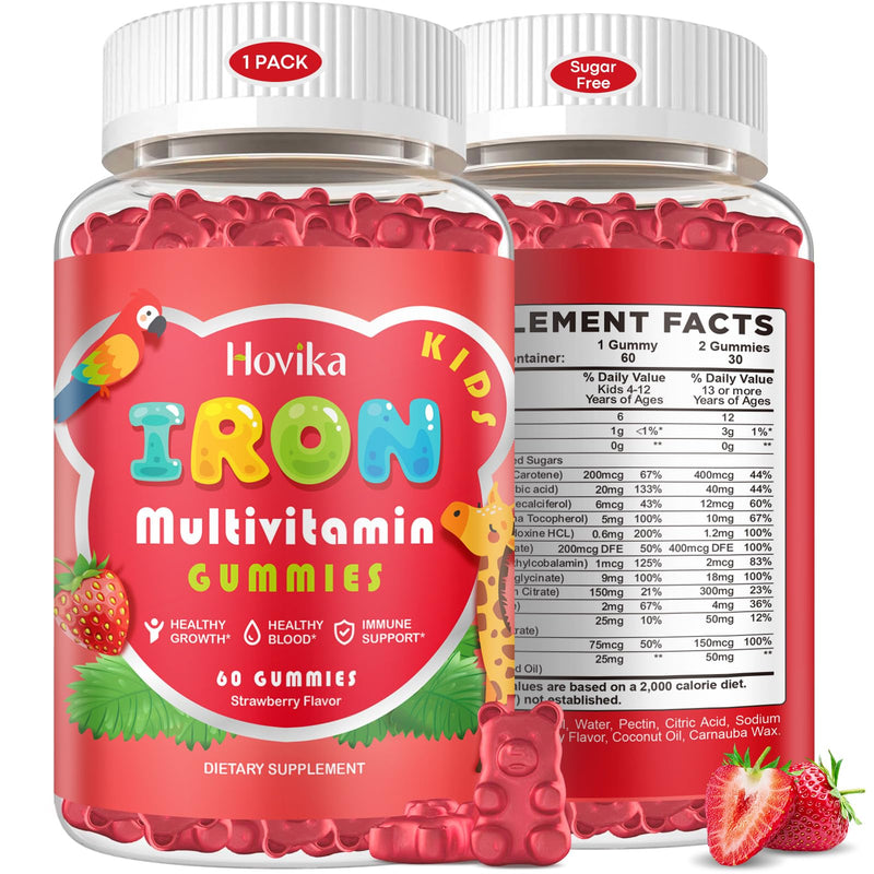 Iron Supplement Gummies for Kids with Multivitamin, Calcium, Zinc, Folate - Kids Iron Gummies Support Immune, Blood Builder, Iron Deficiency, Anemia & Energy - Vegan, Strawberry 60 Count 60 Count (Pack of 1)