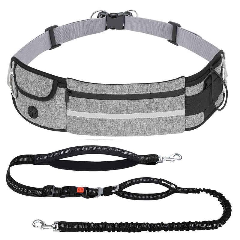 Pecute Dog Leash Hands Free with Pouch, Waist Belt Fanny Pack with Soft Pads, Dual Padded Handles and Shock Absorbing Bungee for Walking, Hiking, Training, Running 1 dog grey
