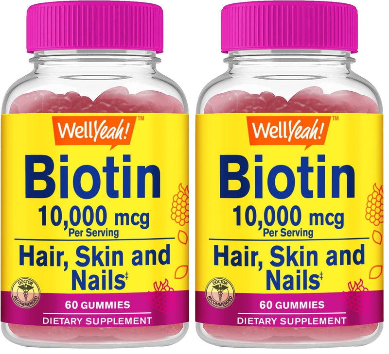 WellYeah High Potency Biotin 10,000 mcg Gummies - for Stronger Hair, Skin & Nails - Vegan-Friendly, Gluten-Free, Non-GMO, and Delicious Berry Flavor - 60 Gummies (Pack of 2) 60 Count (Pack of 2)