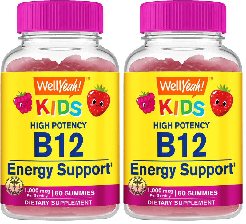 WellYeah Vitamin B12 Gummies for Kids - Boost Energy, Improve Brain Function, and Strengthen Immune System - Non-GMO, Gluten-Free - Great Tasting Berry Flavor - Easy to Chew - 60 Gummies (Pack of 2) 60 Count (Pack of 2)