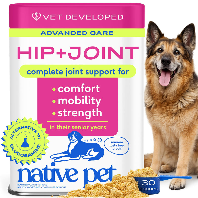 Native Pet Hip & Joint Advanced Care Dog Joint Supplement Powder for Mobility & Movement Support, Joint Supplement for Dogs with HMB, UC-II Collagen, Green Lipped Mussel & Hyaluronic Acid – 30 Scoops 30 Servings