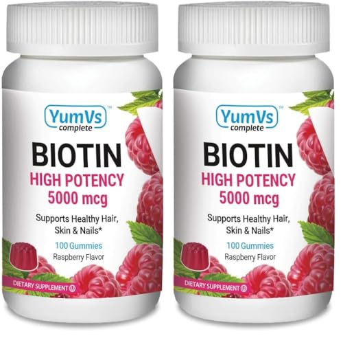 YUM-V'S Biotin Gummies – High Potency Biotin Vitamins 10,000 mcg – Natural Raspberry Flavor Hair Vitamins – Kosher Hair Skin and Nails Gummies (100 Count) (Pack of 2) 1 Count (Pack of 2)