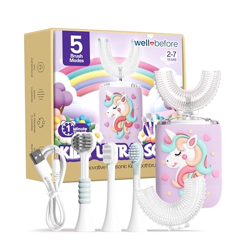 Well Before Kids U Shaped Electric Toothbrush with 5 Brush Heads, Ultrasonic, 5 Modes, IPX7 Waterproof Design (Unicorn, Purple Ages 2-7) Unicorn - Purple