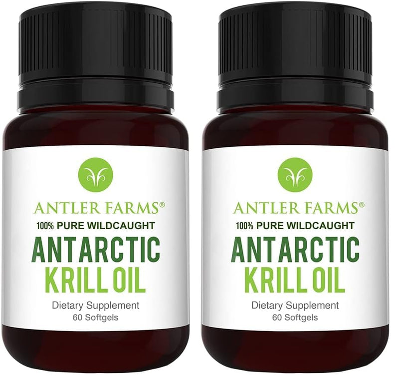 Antler Farms - 100% Pure Wild Caught Antarctic Krill Oil from Cold, Pristine Waters, 60 Softgels – Clean, Omega-3 EPA + DHA Supplement w/Astaxanthin, Rapid Absorption (Pack of 2) 60 Count (Pack of 2)
