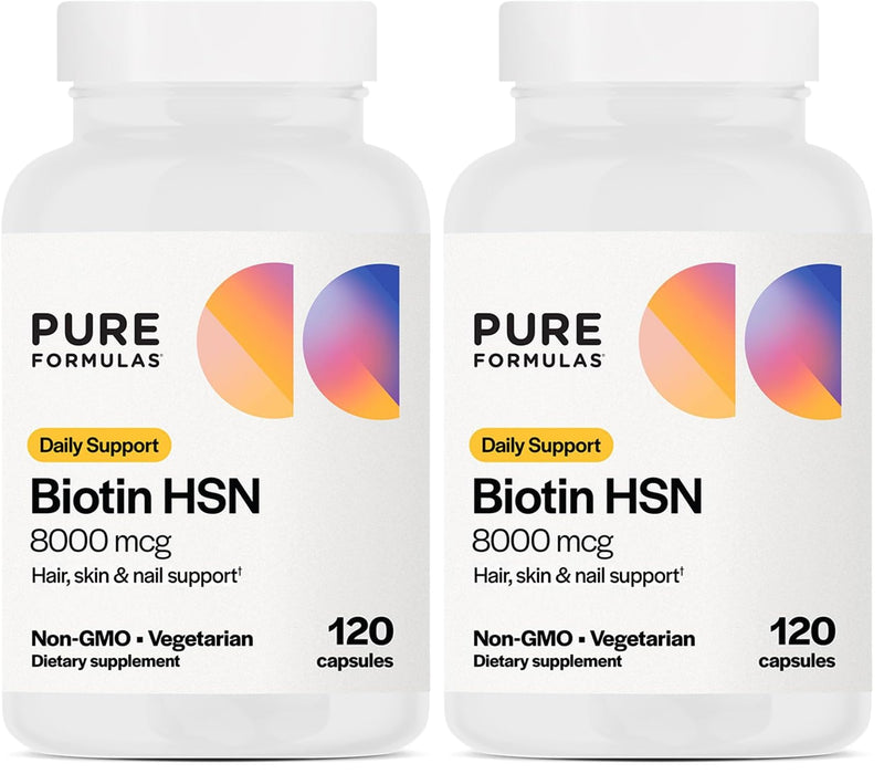 PureFormulas Biotin 8000 mcg Hair Skin Nails Biotin Supplement Biotina, Biotin Hair Growth Vitamins B7 Supplement for Women & Men 120 Capsules (Pack of 2) 120 Count (Pack of 2)