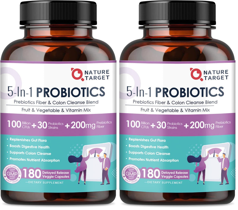 NATURE TARGET Probiotics for Women-Men Digestive Health, Mens-Womens Probiotic with Prebiotics, 100 Billion CFUs for Gut and Immune Health, 180 Veggie Capsules (90 Days Supply) (Pack of 2) 180 Count (Pack of 2)