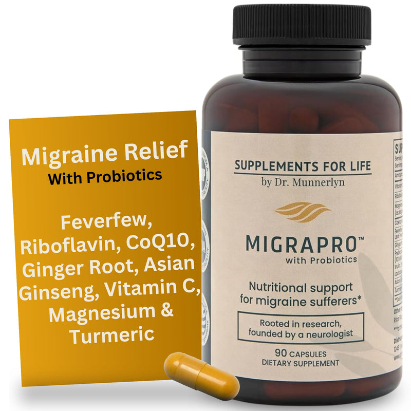 Dr. Munnerlyn's MigraPro with Probiotics, Brain and Gut Health, 90 Capsules | Contains Magnesium, Riboflavin, CoQ10, Ginger Root, Asian Ginseng, Vitamin C, Feverfew & Turmeric, Gluten Free, 30 Day Supply
