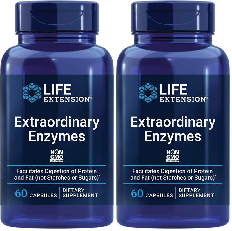 Life Extension Extraordinary Enzymes, Digestive Health Support, Nutrient Absorption, Digestive enzymes, Non-GMO, 60 Capsules (Pack of 2) 60 Count (Pack of 2)