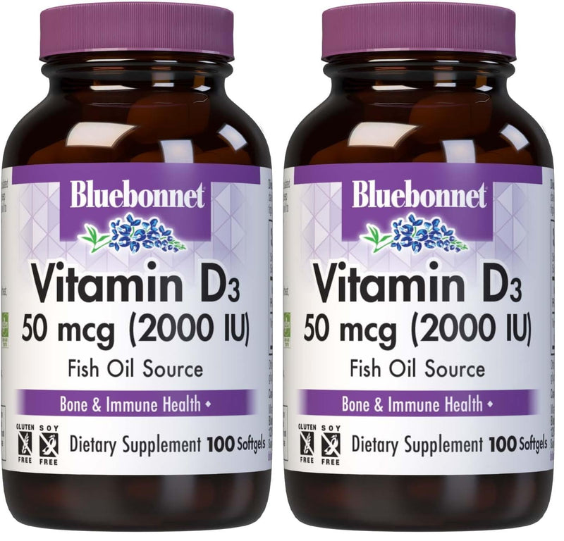 BlueBonnet Nutrition Vitamin D3 2000 IU, 100 Vegetable Capsules | Third-party tested for purity and potency; manufactured in the USA 100 Count (Pack of 2)