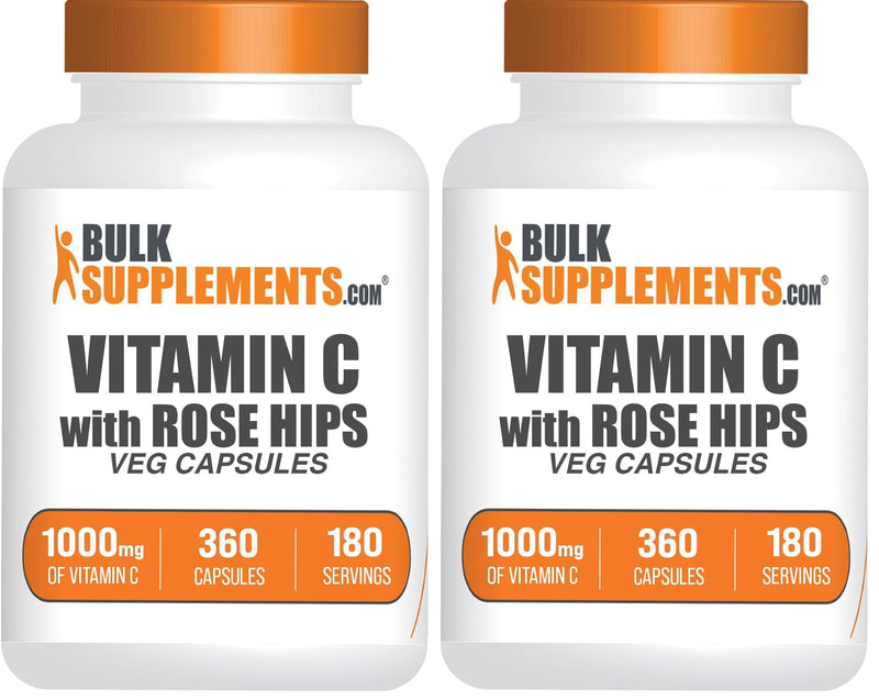BulkSupplements.com Vitamin C with Rose HIPS Capsules - Vitamin C 1000mg & Rose HIPS 15mg, for Immune Support - Vegan, 2 Capsules per Serving, 360 Count (Pack of 2) 360 Count (Pack of 2)