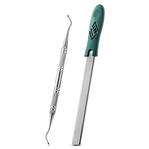 FVION Toenail File for Thick Nails and Toenail Lifter, 2pcs Stainless Steel Nail File and Ingrown Relief Set, Heavy Duty Metal Emery Board for Seniors, Men & Women Pedicure Tool (Green) Green Handle