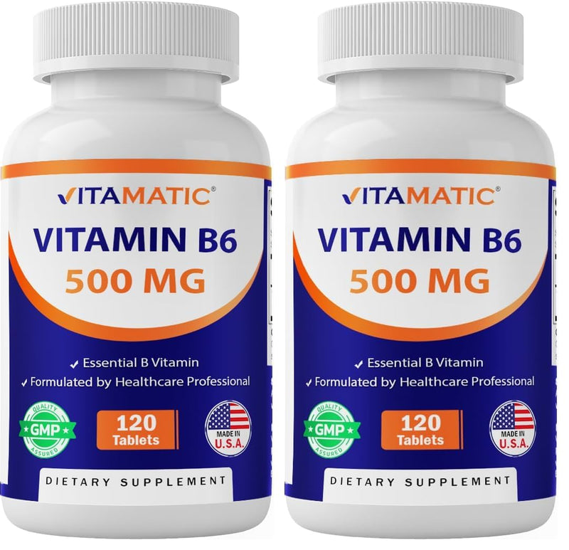 Vitamatic Vitamin B6 (Pyridoxine HCI), 500 mg – 120 Vegetarian Tablets Promotes Energy Production, Boosts Metabolism & Immune Health Support (Pack of 2) 120 Count (Pack of 2)