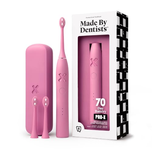 Made by Dentists PRO‑X Sonic Electric Toothbrush for Adults – 70‑Day Battery on One Charge, Dentist‑Designed Whitening Rechargeable Toothbrush, 3 Brush Heads & Travel Case, 3 Modes, Pink
