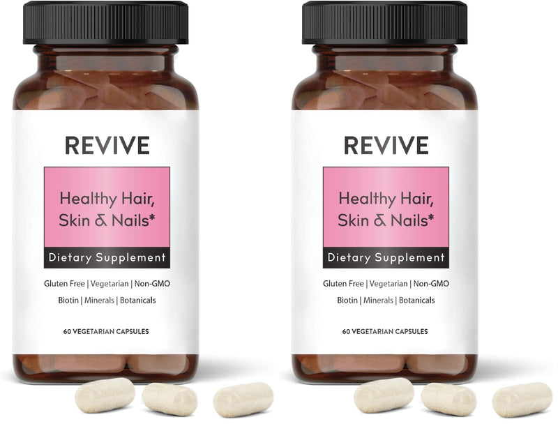 Healthy Skin, Hair & Nails Supplement by Revive Essential Oils - Supports Healthy Hair with Pantented Form of Biotin - Ashwagandha for Stress Support - Plus Vitamins & Minerals (Pack of 2) 60 Count (Pack of 2)