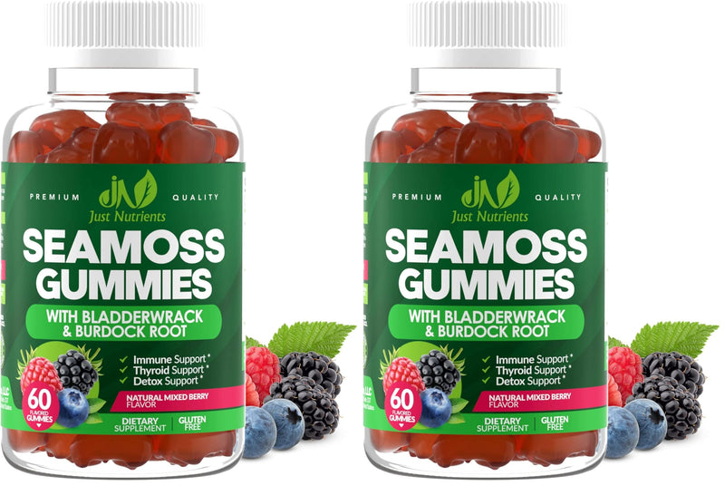 Sea Moss 3000mg Gummies with Bladderwrack and Burdock Root - Natural Irish Sea Moss for Immune, Thyroid and Detox Support - Extra Strength, Great Tasting - Gluten-Free, Vegan - 60 Gummies (Pack of 2) 60 Count (Pack of 2)