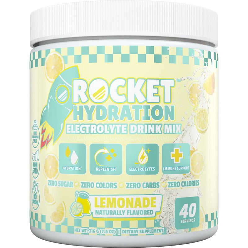 Rocket Hydration Electrolyte Powder 40 Servings | Naturally Flavored Lemonade 0 Sugar, 0 Colors, 0 Calories Drink Mix with Pink Himalayan Sea Salt, Magnesium, Potassium, Calcium & Vitamin C