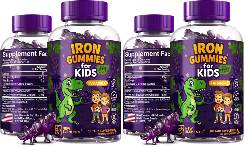Iron Dinosaur Gummies for Kids with Vitamin C | Sugar-Free, Vegan, Gluten-Free & Non-GMO | Anemia Relief, Energy & Blood Health Support | Grape Flavor, Pectin-Based for Optimal Health (Pack of 2) 60 Count (Pack of 2)