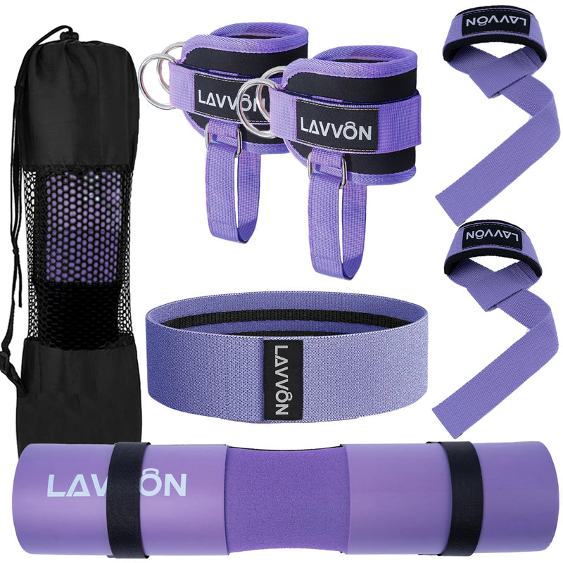 7Pcs-Barbell Pad Set for Hip Thrust - Squat Pad, Bench Press Workout Foam Weight Lifting Bar Cushion,Gym Accessories for Women with Bar Bad,with Gym Ankle Straps,Hip Resistance Bands,Lifting Strap Purple - BeesActive Australia