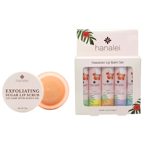 Hanalei Vegan Sugar Lip Scrub Exfoliator (22g) + Lip Balm Variety Pack (5 Tubes) – Hydrating Lip Care with Kukui Oil, Shea Butter & Beeswax – Smooth, Nourish & Protect Lips