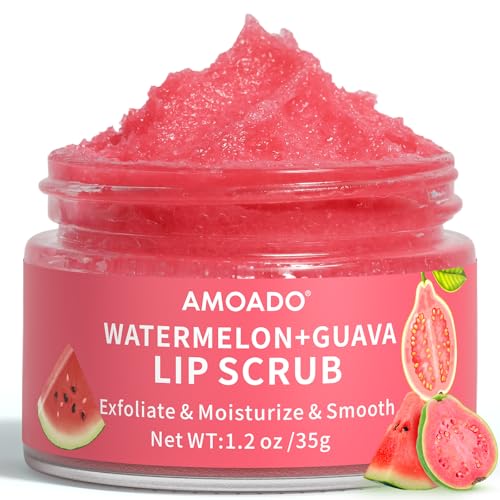 AMOADO Sugar Lip Scrub for Dark Lips – Exfoliating Lip Scrub for Smooth & Soft Lips with Watermelon & Guava, Lip Exfoliator & Moisturizer for Dry, Chapped Lips, Natural Lip Care, 1.2 oz/35g