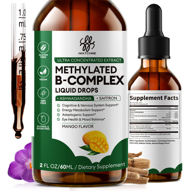 Methylated B Complex Liquid Drops for Energy & Focus Support, 2 Fl Oz | Active B Vitamins with L-5-MTHF Folate, Methylcobalamin B12 & B6, Vegan Mango Flavor 2 Fl Oz (Pack of 1)
