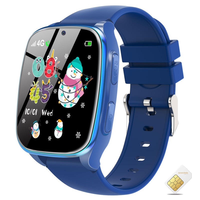 4G Kids Smart Watch - Smartwatch for Kids with SIM Card, SOS Call Camera Video Alarm Stopwatch AudioBook Music Games Pedometer Gift Toys for 4-12 Years Old Boys and Girls (Blue) Dark Blue No GPS
