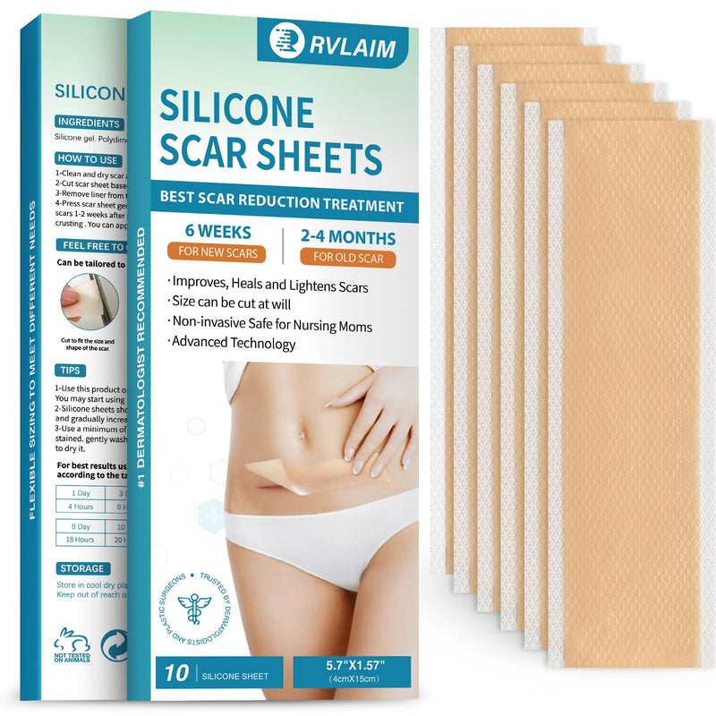 Rvlaim Medical Grade Silicone Scar Sheets (5.7" x 1.57"10 Pcs), Professional Silicone Scar Tape for Surgical C-Section, Keloid, Burn & Acne Scars - Reusable, Waterproof, Stickiness Upgrade 10 Pcs(5.7" x 1.57" ) - BeesActive Australia