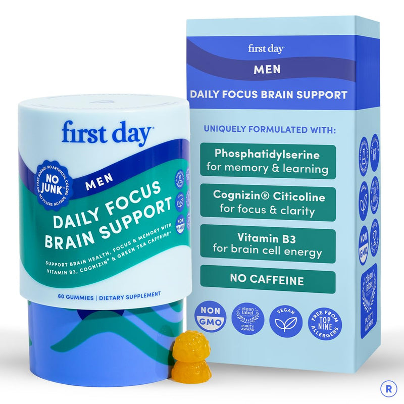 FIRST DAY Focus Gummies for Men, Caffeine Gummies, Citicoline, 60 Ct | Brain gummies for memory and focus with Cognizin® citicoline, phosphatidylserine, vitamin B3, and gentle caffeine support.