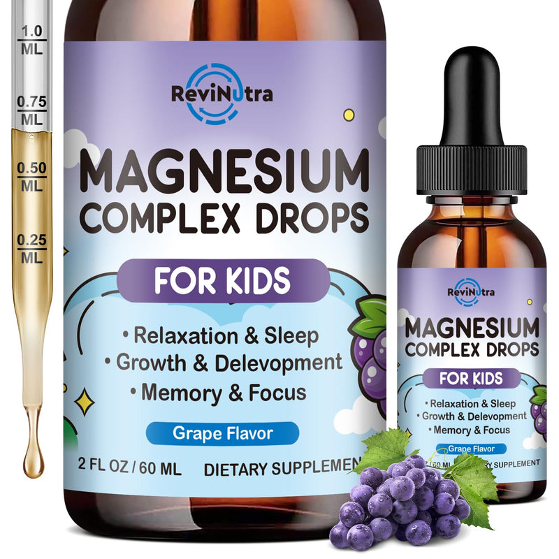 Magnesium Glycinate Liquid for Kids, Kids Magnesium Liquid Drops Supplement with L-Theanine, Calcium, Zinc, Vitamin D3 K2 for Sleep Calm Relaxation Brain Bones Focus, Grape Flavor 2 Fl Oz 2 Fl Oz (Pack of 1)